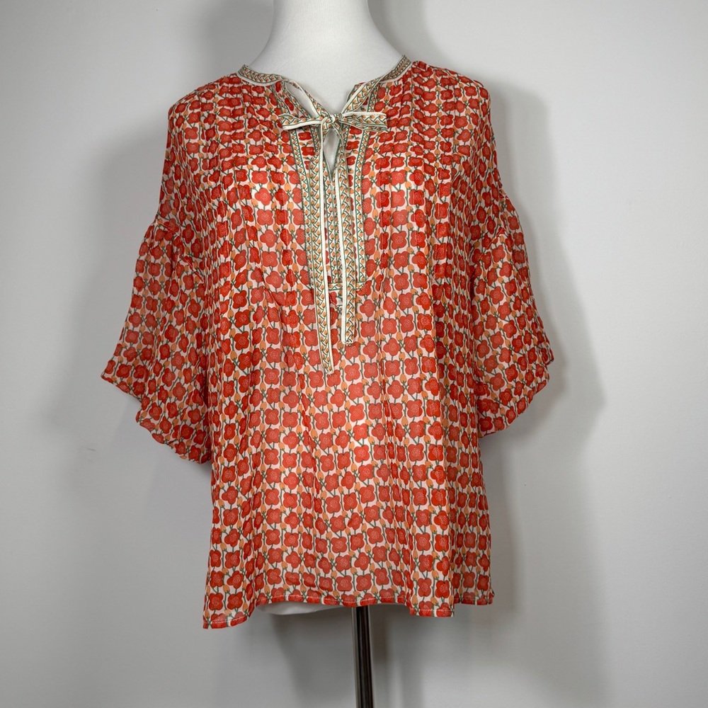 Max Studio London Red Floral Peasant Blouse Small